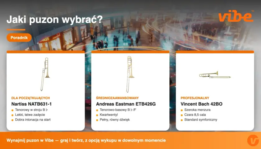 Trzy rodzaje puzonów: dla początkujących, średniozaawansowanych i profesjonalnych.