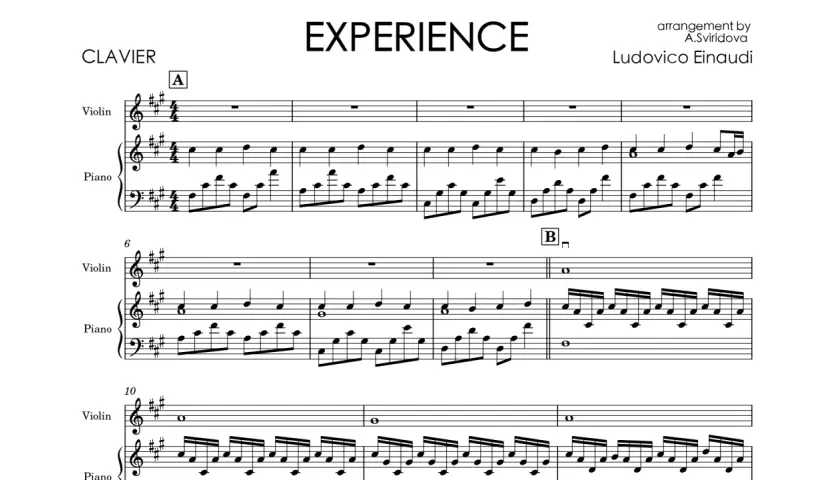 Partytura "Experience" Ludovico Einaudi. Nuty dla skrzypiec i fortepianu, z sekcjami A i B. Wspaniałe doświadczenie muzyczne.