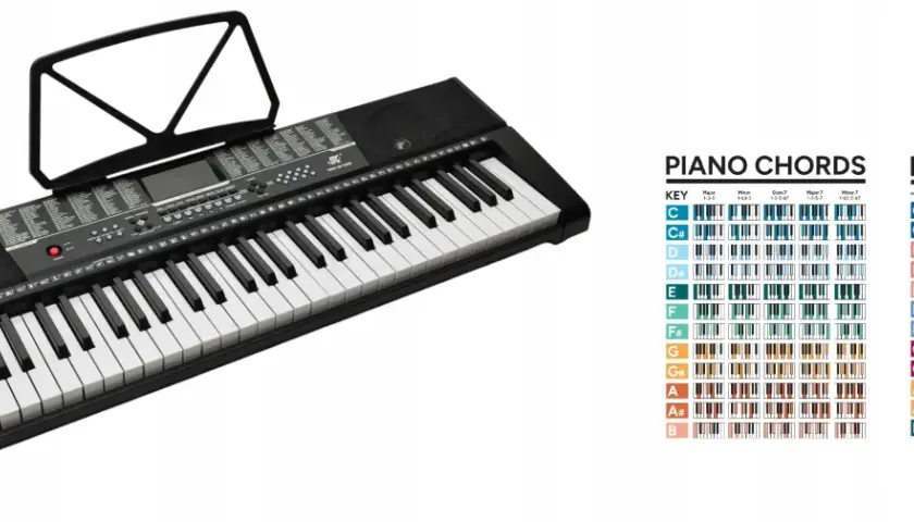 Czarny keyboard z nutami i schematami akordów i gam na pianinie. Idealny do nauki gry na keyboardzie.