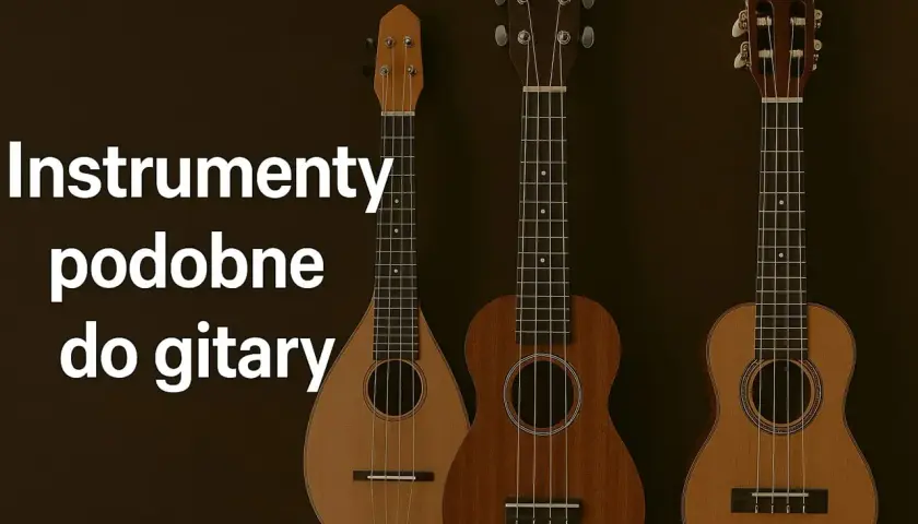 Trzy instrumenty strunowe, podobne do gitary: mandolina, ukulele tenorowe i ukulele sopranowe, na ciemnym tle.