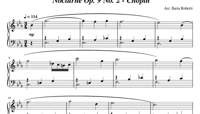 Nuty Chopina: "Nokturn op. 9 nr 2" w aranżacji Ilaria Roberti. Delikatne dźwięki fortepianu, tempo J = 114, dynamika mp.