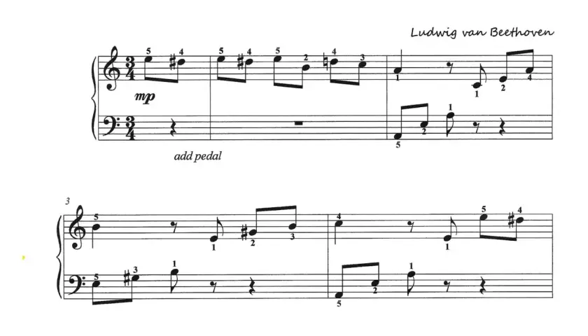 Fragment partytury "Für Elise" Ludwiga van Beethovena, z widocznymi nutami i oznaczeniami.
