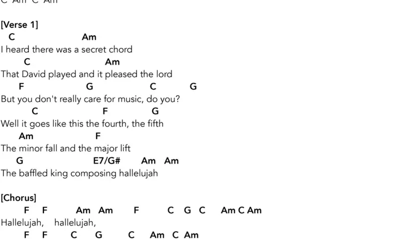 Tekst piosenki z akordami, w tym słynne "hallelujah akordy".