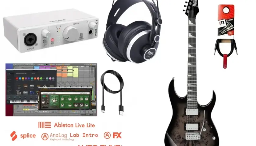 Przykłady instrumentów elektronicznych: gitara elektryczna, słuchawki, interfejs audio, oprogramowanie muzyczne.