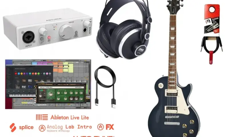 Potrzebne do gitary elektrycznej: gitara, słuchawki, interfejs audio, kable, oprogramowanie muzyczne (DAW, wtyczki).