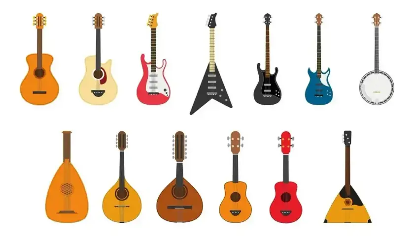 Kolekcja instrumentów strunowych szarpanych: gitary akustyczne, elektryczne, basowe, banjo, mandoliny, lutnia i bałałajka.