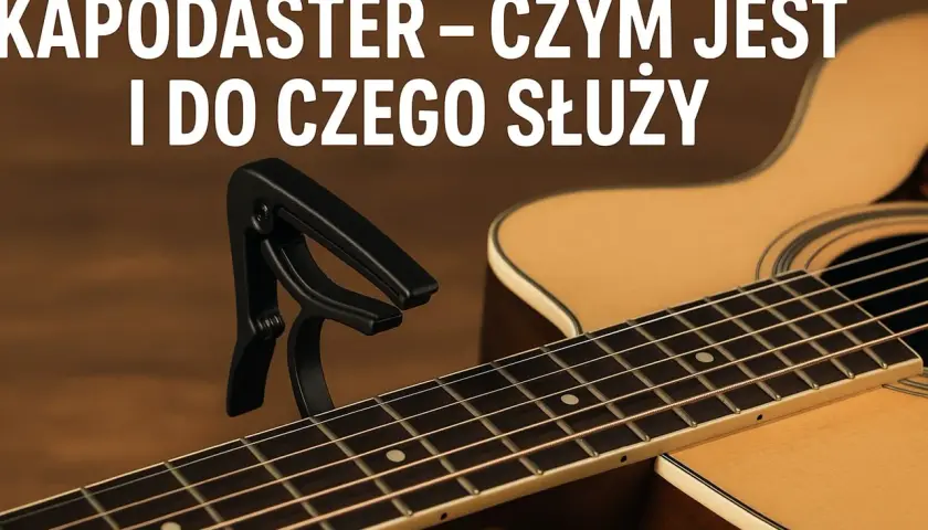 Czarny kapodaster na gryfie gitary akustycznej. Dowiedz się, kapodaster co to i do czego służy.