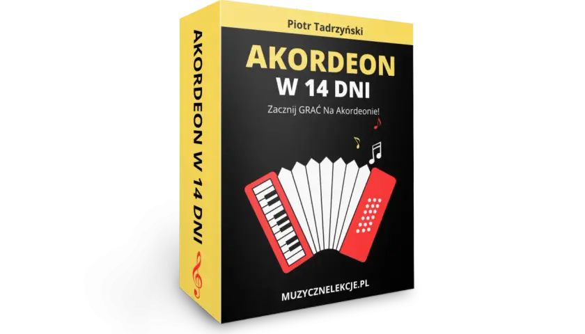 Okładka kursu "Akordeon w 14 dni" z grafiką akordeonu. Naucz się grać na tym wspaniałym instrumencie!