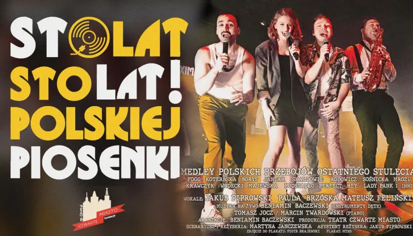 Sto lat kalimba" - zespół śpiewa polskie przeboje. Na plakacie widać artystów na scenie, z napisem "Sto lat polskiej piosenki".