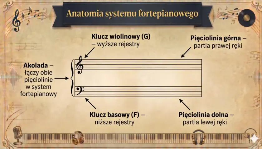 System fortepianowy: klucz wiolinowy (G) dla wyższych rejestrów, klucz basowy (F) dla niższych. Akolada łączy obie pięciolinie. Każda pięciolinia to partia ręki. Nuta znak.