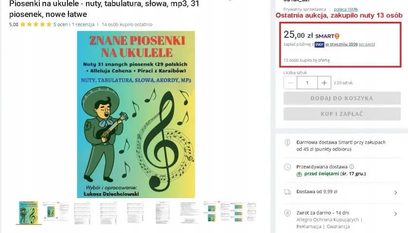 Książka z polskimi piosenkami na ukulele: nuty, tabulatury, akordy i mp3. Idealna dla początkujących.