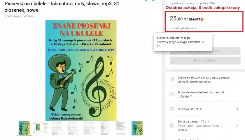 Książka z nutami, tabulaturą i słowami 31 piosenek na ukulele. Idealna dla początkujących i zaawansowanych.