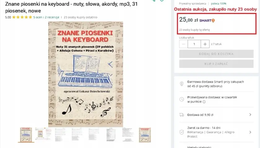 Książka z nutami, słowami i akordami do gry na keyboardzie. Zawiera 31 znanych piosenek.