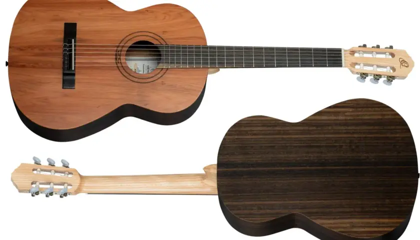 Klasyczna gitara z drewnianym korpusem i podstrunnicą. Widoczna menzura w gitarze, struny i klucze strojeniowe.