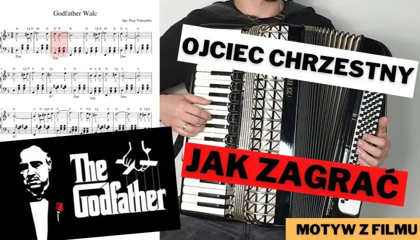 Nuty "Ojciec Chrzestny Walc" i akordeonista grający motyw z filmu. Kompozytor muzyki z filmu "Ojciec Chrzestny" w akcji.