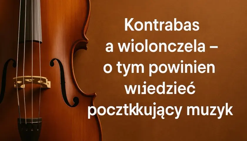 Zbliżenie na kontrabas, instrument z czterema strunami, obok tekst o różnicach między nim a wiolonczelą dla początkujących muzyków.