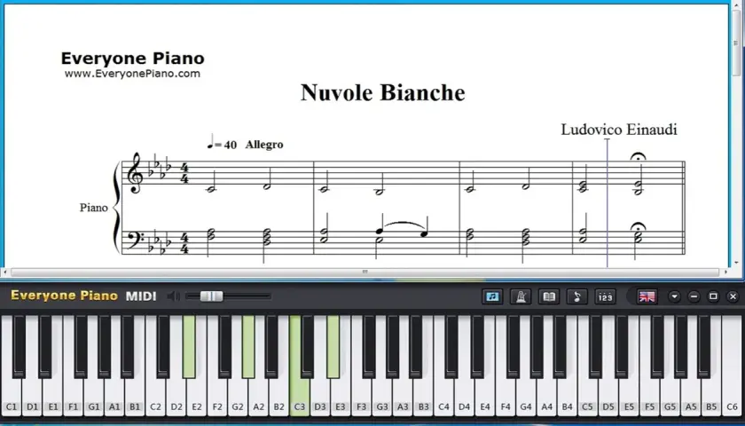 Nuty "Nuvole Bianche" Ludovico Einaudi na ekranie programu Everyone Piano. Wirtualna klawiatura podświetla klawisze.
