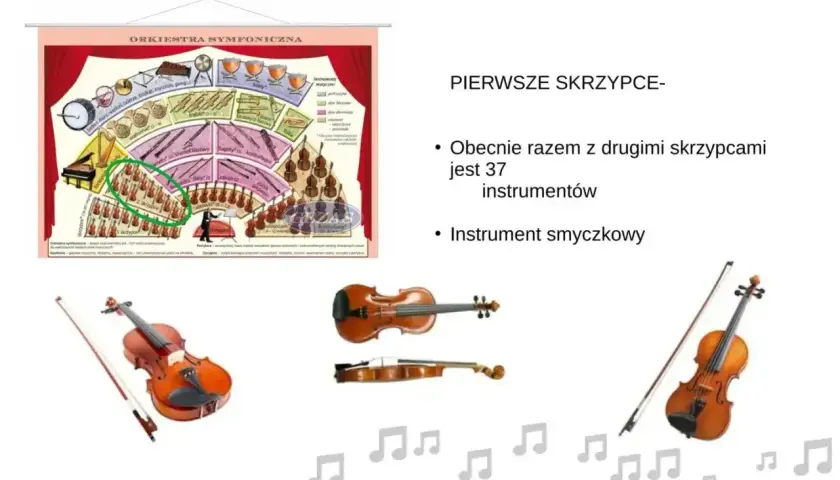 Schemat układu orkiestry symfonicznej z zaznaczonymi skrzypcami. Obok trzy skrzypce i smyczki.