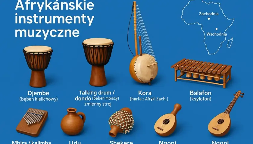 Różnorodne instrumenty afrykańskie: bębny djembe, kora, balafon, mbira, udu, shekere i ngoni.