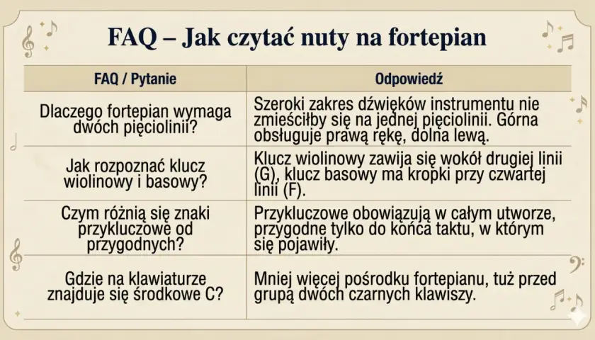 FAQ o nauce nut od podstaw na fortepian: wyjaśnienie kluczy, znaków i położenia środkowego C.