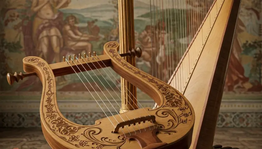 Starogrecki instrument strunowy, lirę, zdobią misternie wycięte wzory. Obok niej stoi harfa, tworząc muzyczną opowieść.