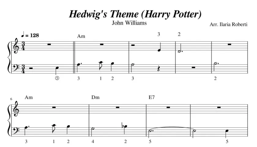 Nuty literowe Hedwig's Theme z Harry'ego Pottera. John Williams skomponował tę magiczną melodię, a Ilaria Roberti ją zaaranżowała.