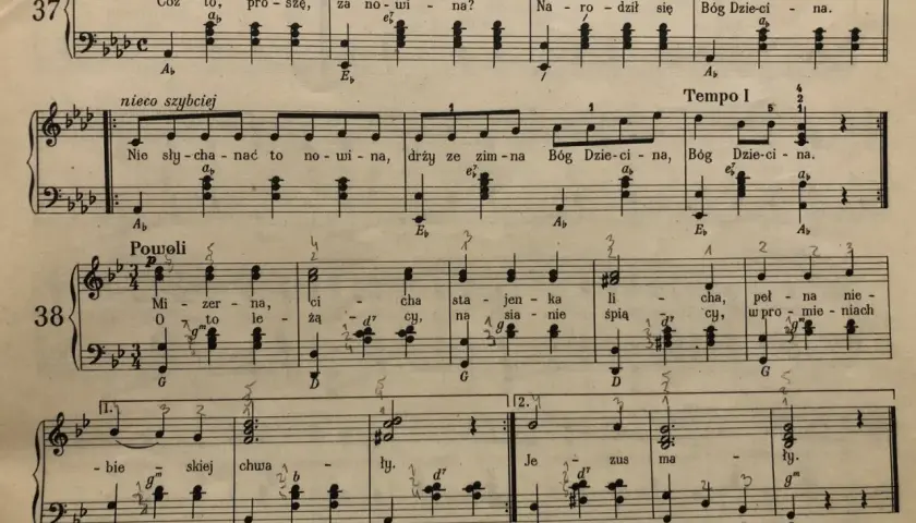 Nuty z oznaczeniem "pianissimo" w utworze "Wolno", gdzie melodia płynie delikatnie, jak szept.