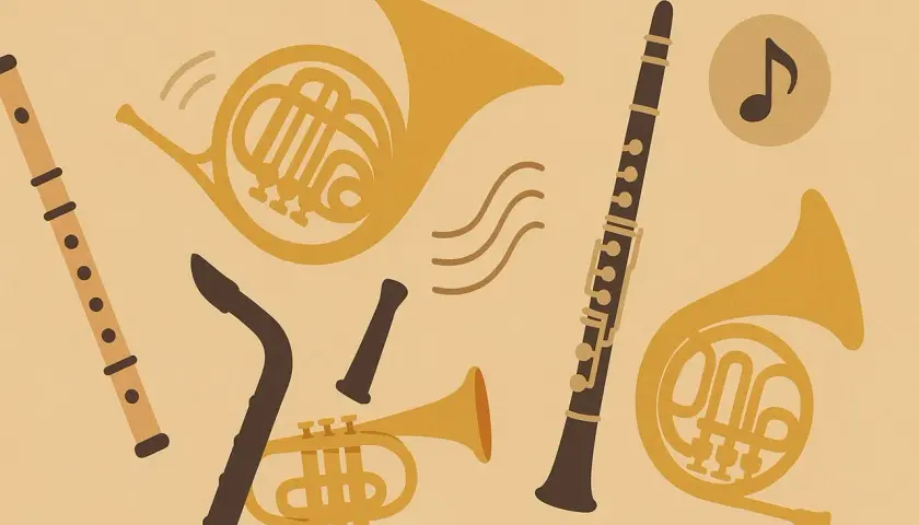 Instrumenty dęte: flet, klarnet, saksofon, trąbka i dwa rogi.