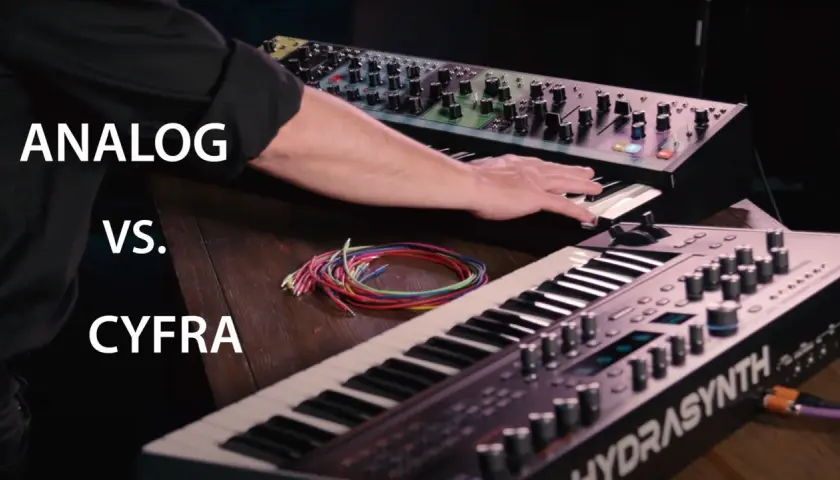 Ręce grają na dwóch syntezatorach: analogowym i cyfrowym. Co to jest syntezator? To instrument tworzący dźwięki.