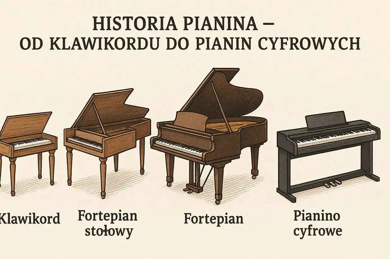 Ewolucja instrumentów klawiszowych: od klawikordu, przez fortepian stołowy i fortepian, aż po pianino cyfrowe – przodek fortepianu w nowoczesnej odsłonie.
