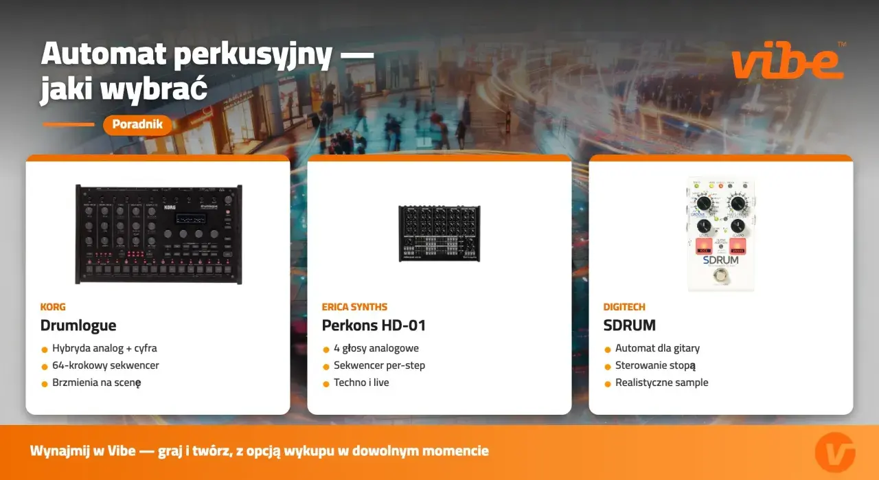 Trzy automaty perkusyjne: Korg Drumlogue, Erica Synths Perkons HD-01 i Digitech SDRUM. Wybierz swój idealny sprzęt do tworzenia rytmów.