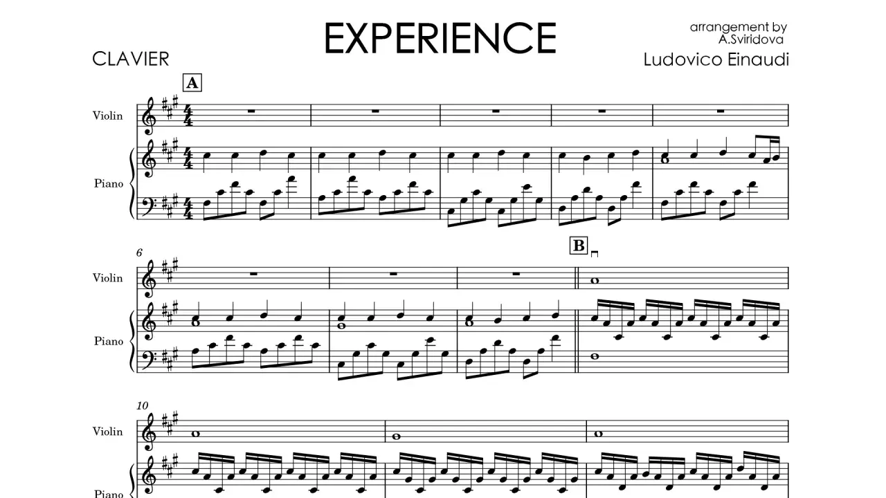Partytura "Experience" Ludovico Einaudi. Nuty dla skrzypiec i fortepianu, z sekcjami A i B. Wspaniałe doświadczenie muzyczne.