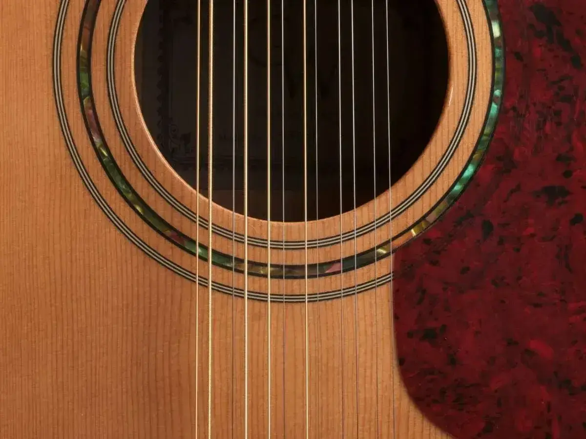Zbliżenie na gitarę 12 strunową, widoczne dwanaście strun, rozetę z masy perłowej i czerwony pickguard. Strojenie gitary 12 strunowej to wyzwanie.