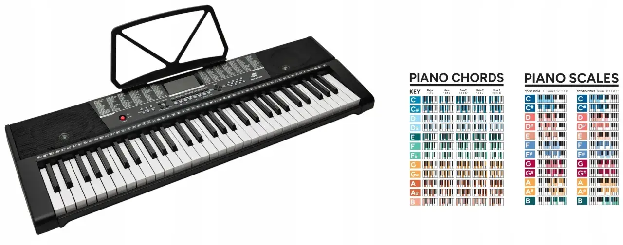 Czarny keyboard z nutami i schematami akordów i gam na pianinie. Idealny do nauki gry na keyboardzie.
