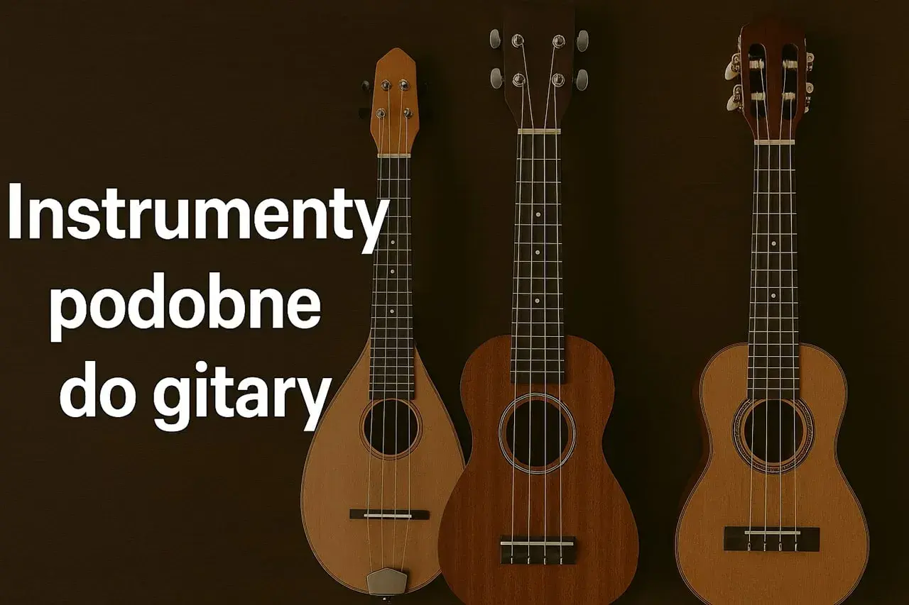 Trzy instrumenty strunowe, podobne do gitary: mandolina, ukulele tenorowe i ukulele sopranowe, na ciemnym tle.