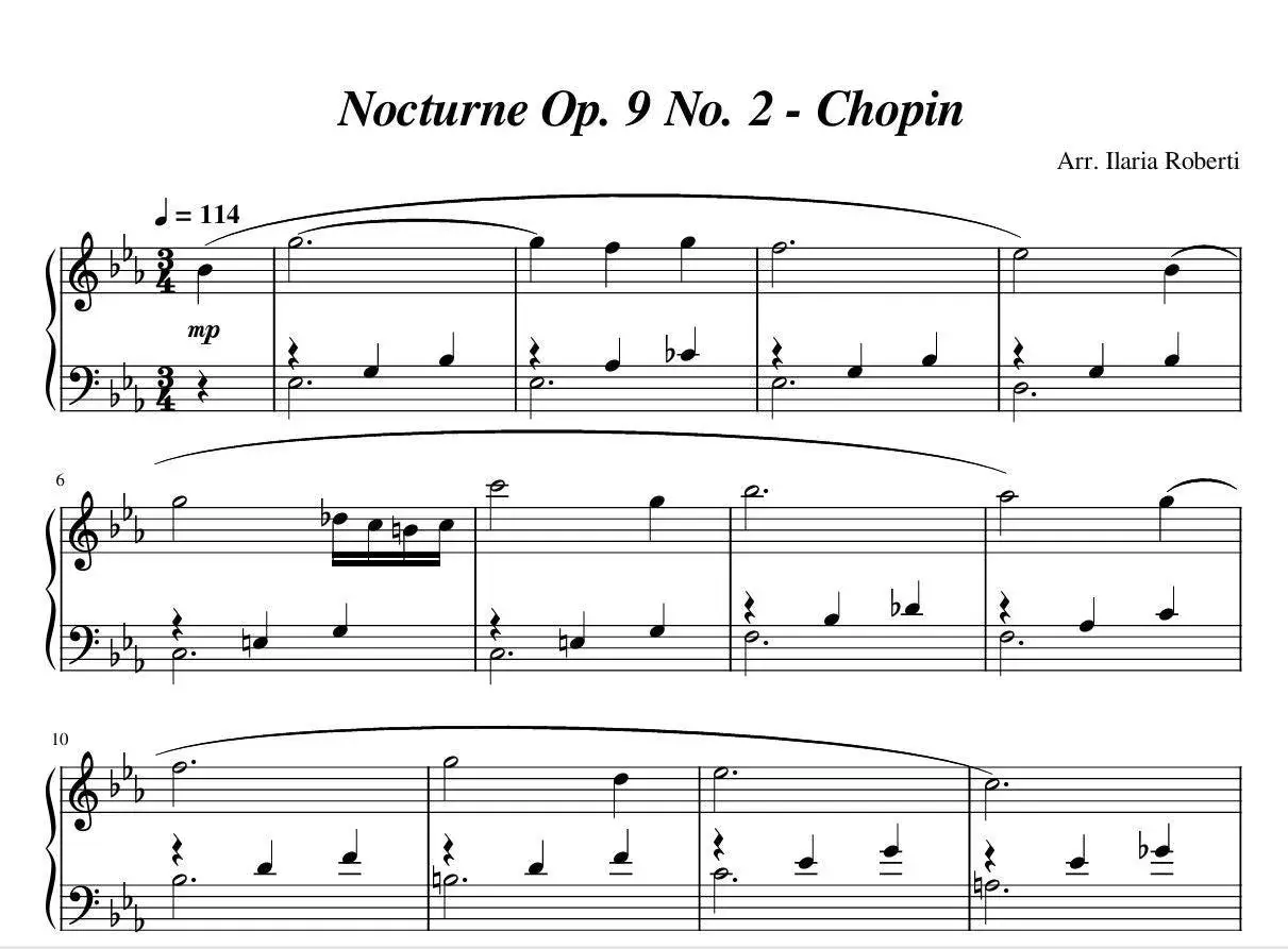 Nuty Chopina: "Nokturn op. 9 nr 2" w aranżacji Ilaria Roberti. Delikatne dźwięki fortepianu, tempo J = 114, dynamika mp.