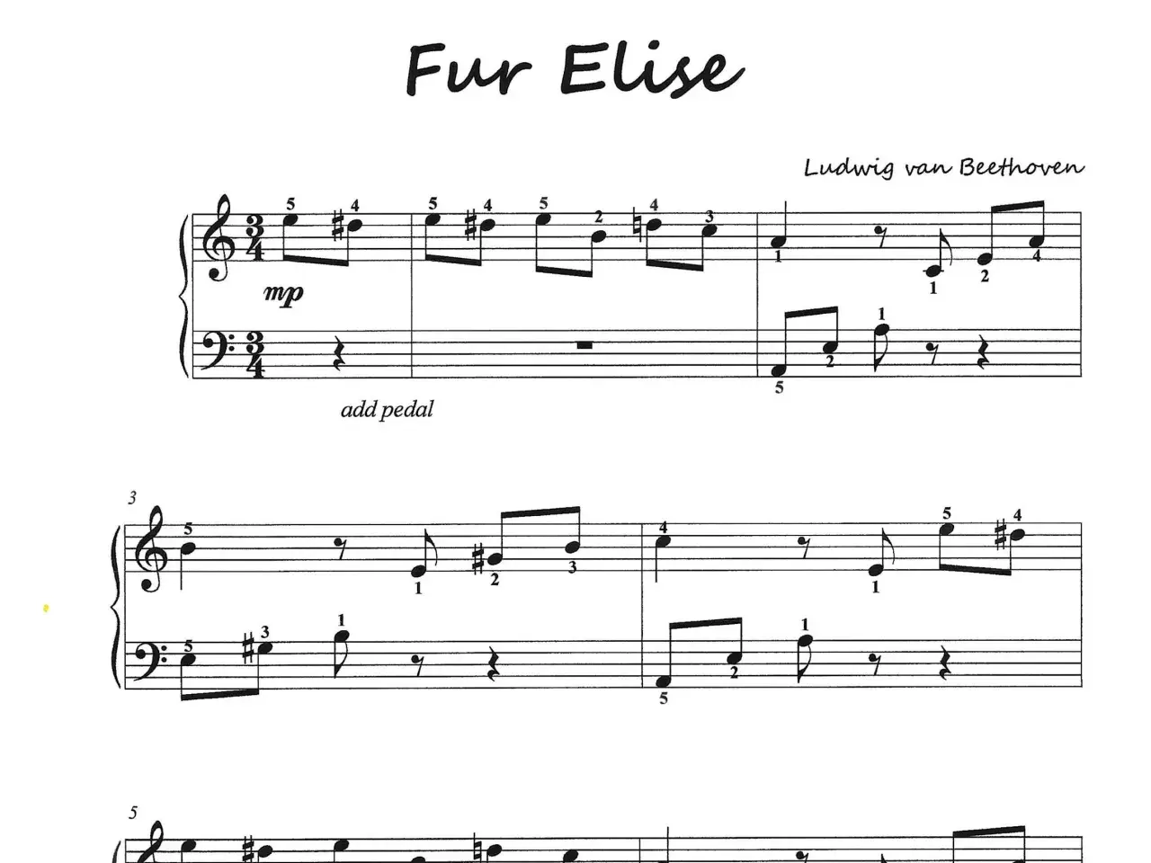 Fragment partytury "Für Elise" Ludwiga van Beethovena, z widocznymi nutami i oznaczeniami.