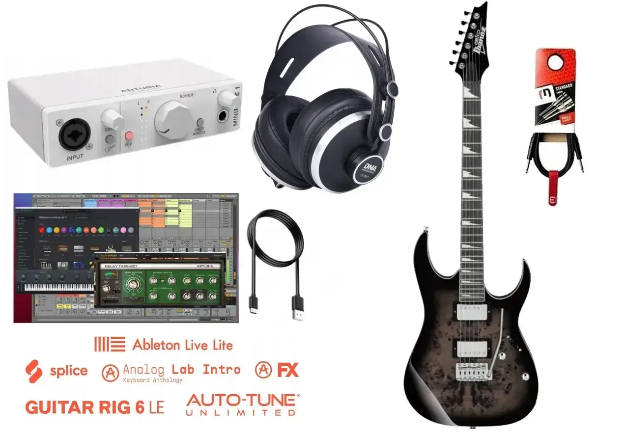 Przykłady instrumentów elektronicznych: gitara elektryczna, słuchawki, interfejs audio, oprogramowanie muzyczne.