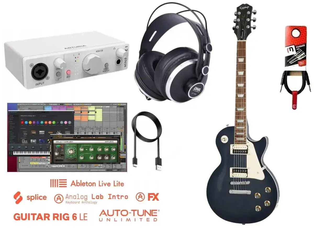 Potrzebne do gitary elektrycznej: gitara, słuchawki, interfejs audio, kable, oprogramowanie muzyczne (DAW, wtyczki).