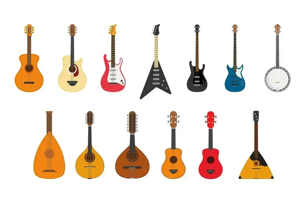 Kolekcja instrumentów strunowych szarpanych: gitary akustyczne, elektryczne, basowe, banjo, mandoliny, lutnia i bałałajka.