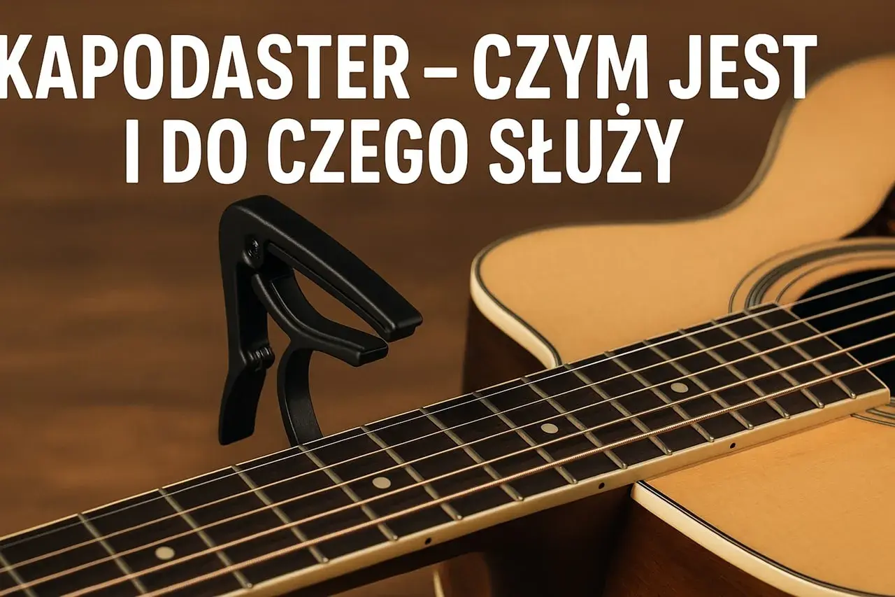 Czarny kapodaster na gryfie gitary akustycznej. Dowiedz się, kapodaster co to i do czego służy.