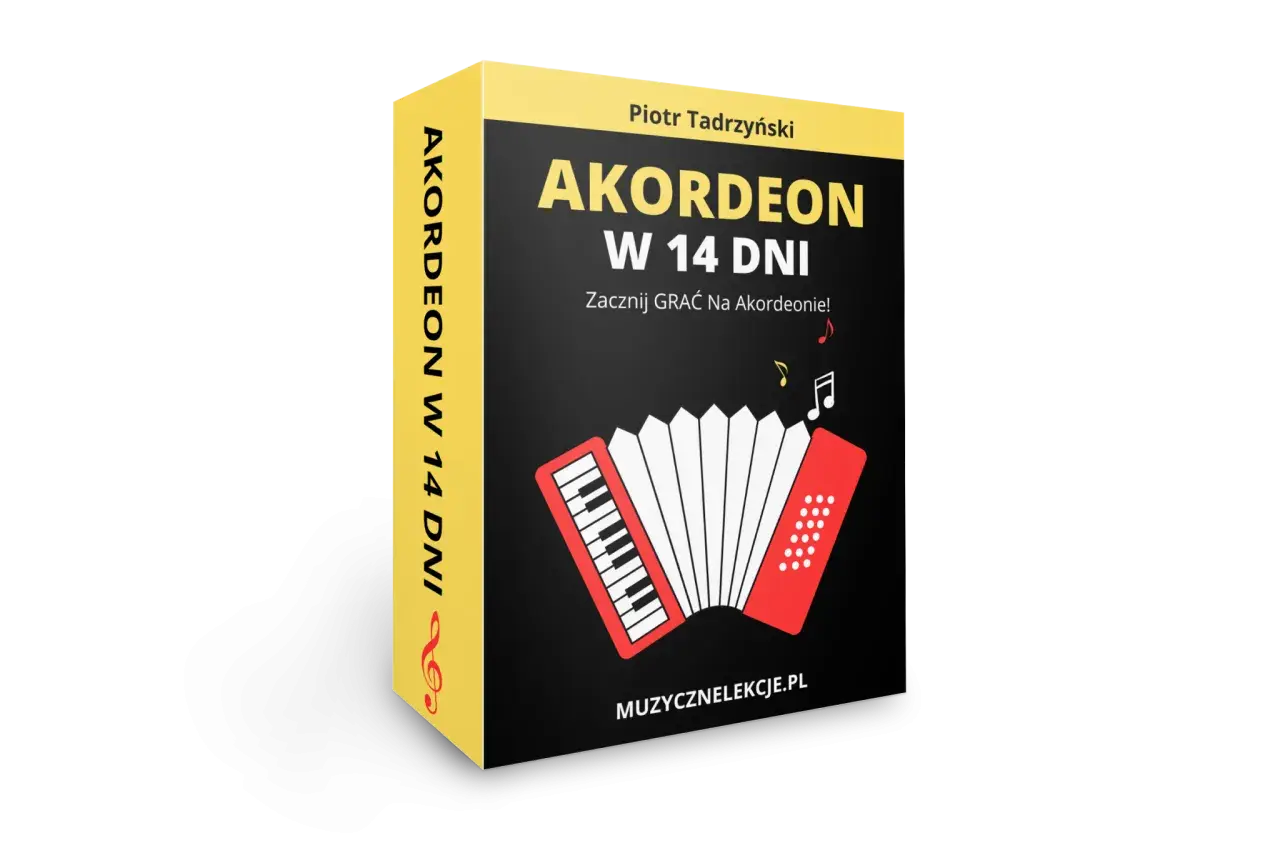 Okładka kursu "Akordeon w 14 dni" z grafiką akordeonu. Naucz się grać na tym wspaniałym instrumencie!