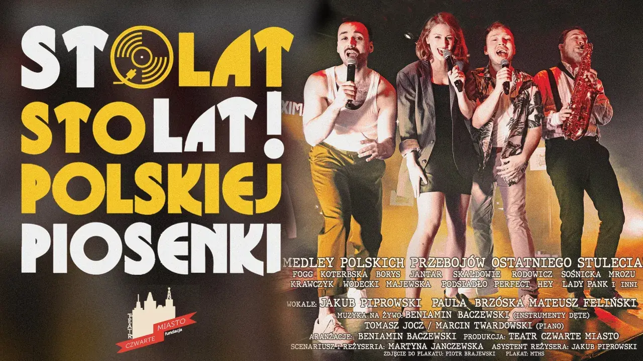 Sto lat kalimba" - zespół śpiewa polskie przeboje. Na plakacie widać artystów na scenie, z napisem "Sto lat polskiej piosenki".