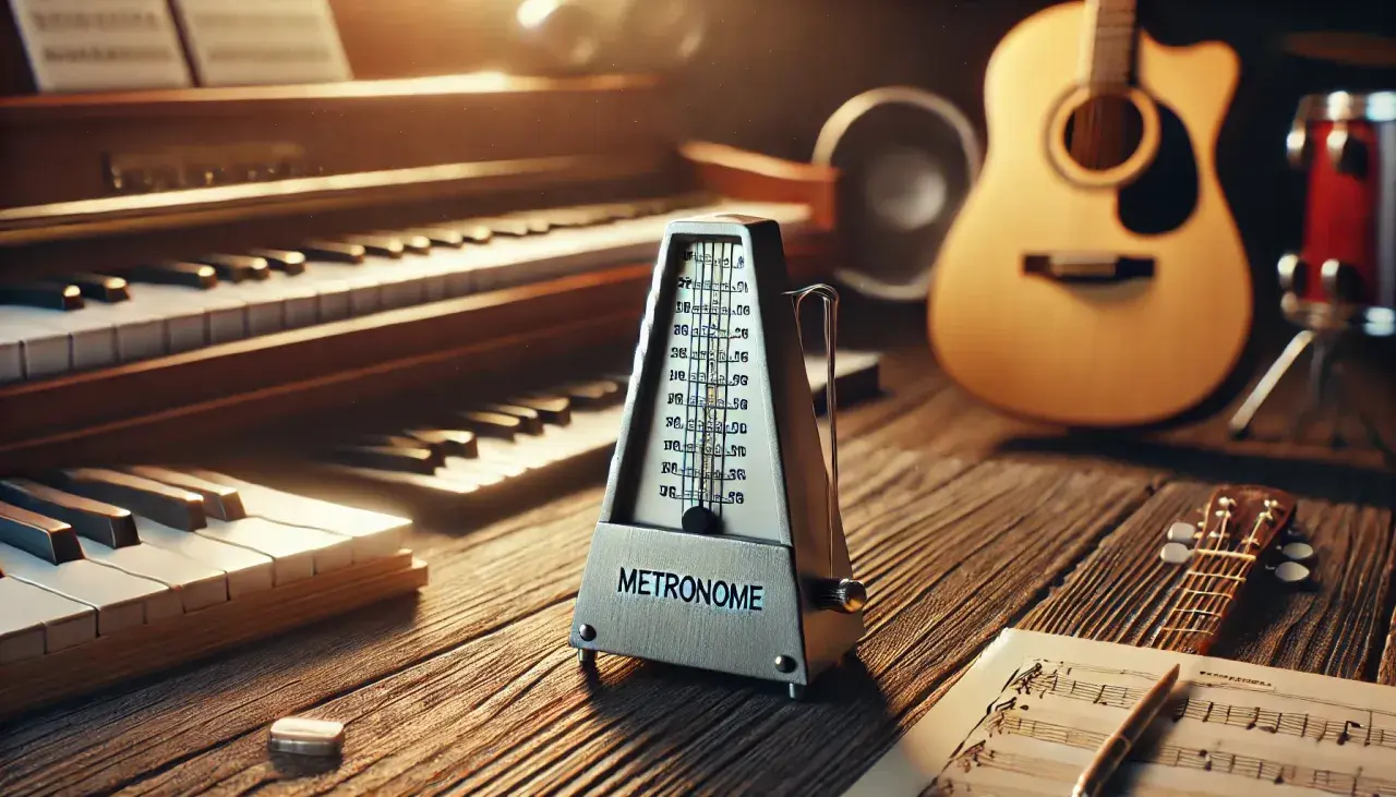 Metronom inaczej, otoczony instrumentami: pianinem, gitarą i nutami. Idealne miejsce do ćwiczeń muzycznych.