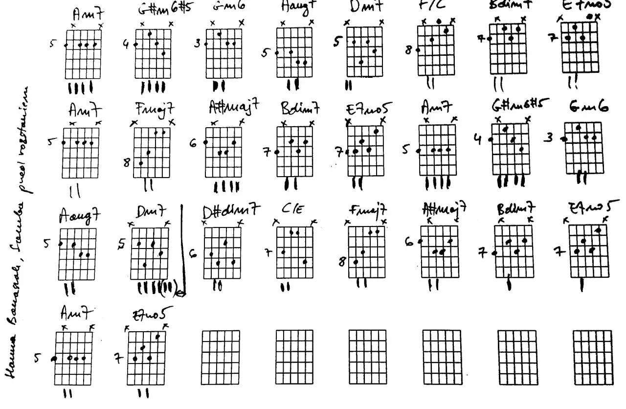 Różne rodzaje akordów gitarowych: Am7, G#m6#5, Gm6, Aug7, Dm7, F/C, Bdim7, E7m5, Fmaj7, A#maj7, D#dim7, C/E.