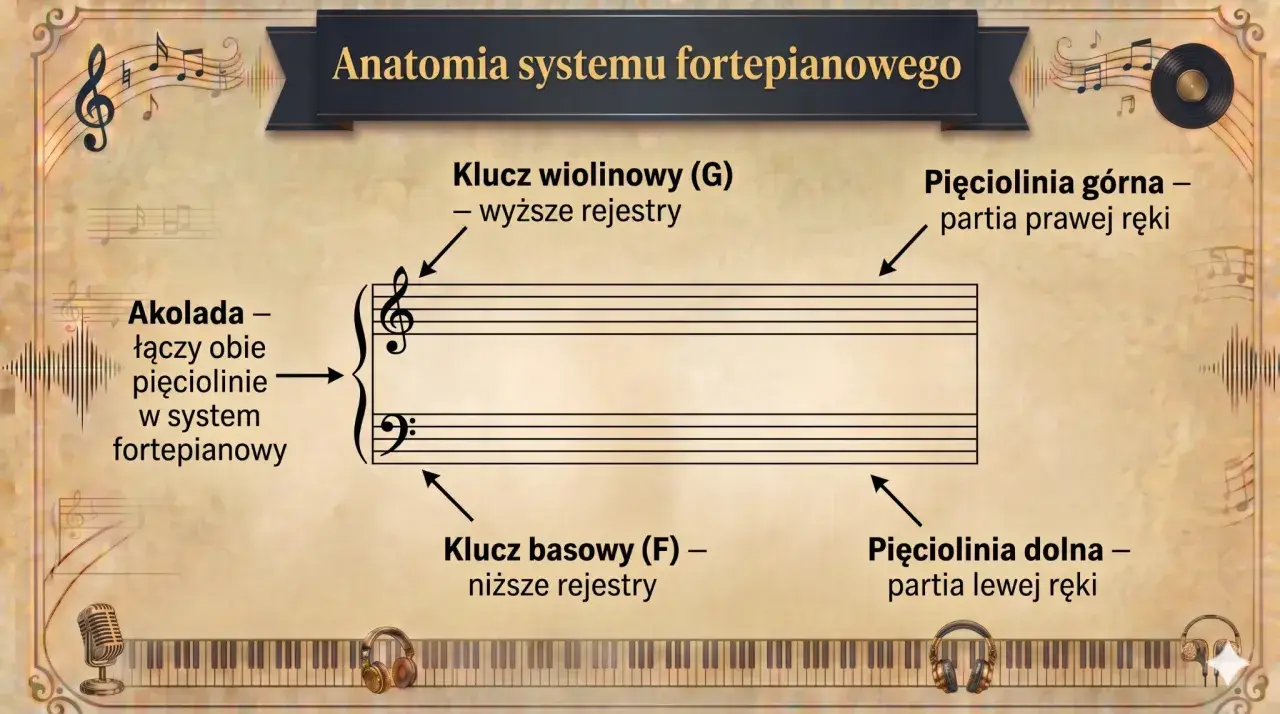 System fortepianowy: klucz wiolinowy (G) dla wyższych rejestrów, klucz basowy (F) dla niższych. Akolada łączy obie pięciolinie. Każda pięciolinia to partia ręki. Nuta znak.