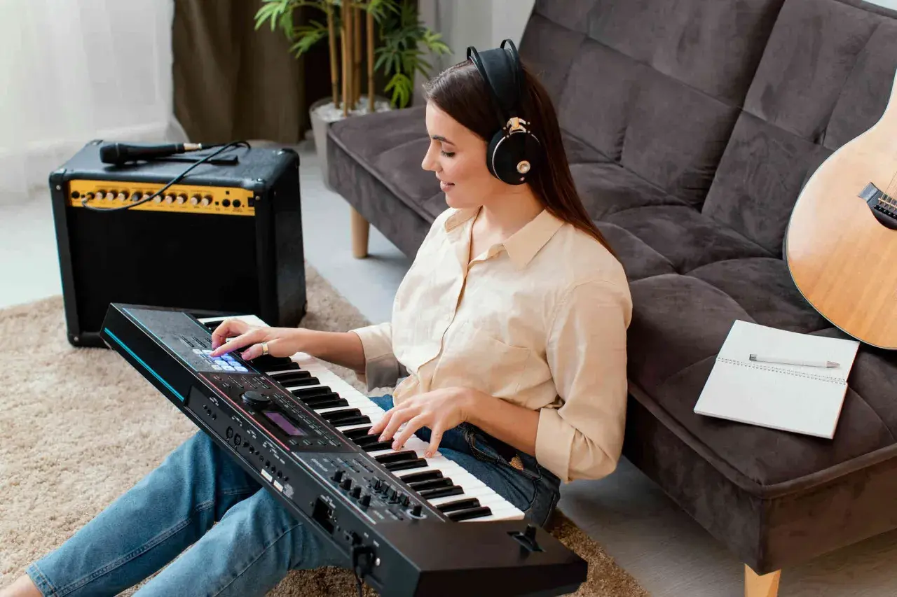 Kobieta w słuchawkach gra na keyboardzie japońskiej marki. Obok stoi wzmacniacz i gitara.