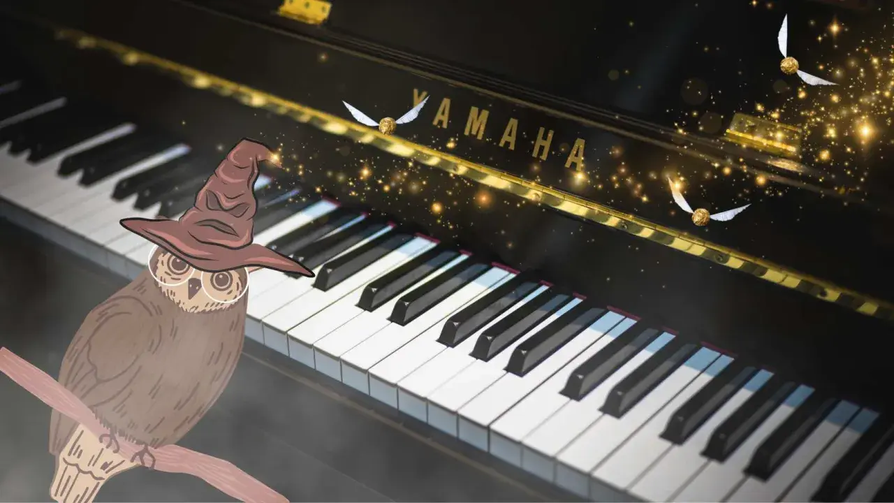 Sowa w kapeluszu Tiary Przydziału siedzi obok fortepianu Yamaha, a nad klawiszami latają Złote Znicze, tworząc magiczną atmosferę rodem z Harry'ego Pottera.