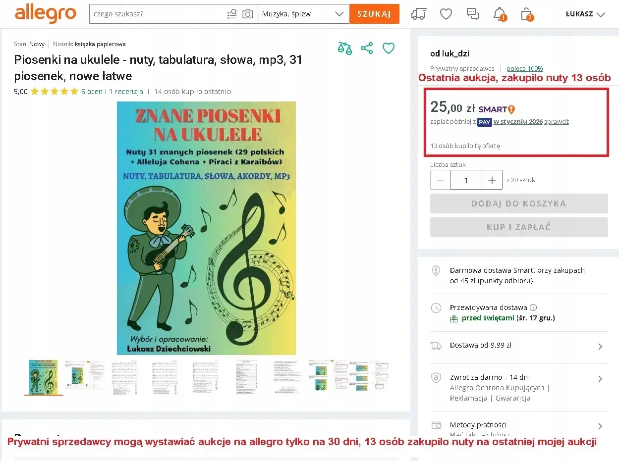 Książka z polskimi piosenkami na ukulele: nuty, tabulatury, akordy i mp3. Idealna dla początkujących.