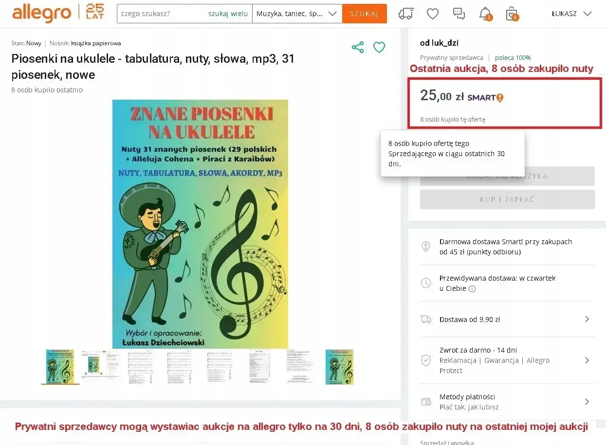 Książka z nutami, tabulaturą i słowami 31 piosenek na ukulele. Idealna dla początkujących i zaawansowanych.